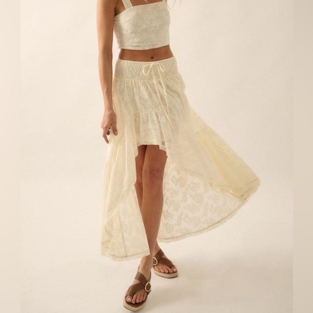 Promesa Sheer Floral Lace Asymmetrical High Low Ruffle Hem Maxi Skirt - Picture 8 of 9
